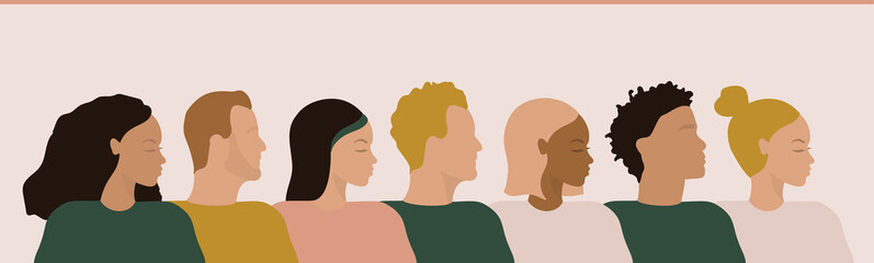 Wall Mural - cross cultural, racial equality, multi ethical, diversity people, woman man power, empowerment, tolerance, discrimination concept. flat vector illustration. social network, communication in community
