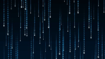 Poster - Abstract graphic background - blue rain of binary digits on black background - 3D Illustration