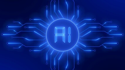 Poster - Futuristic digital circuit background symbolic for artificial technology - bright AI sign in frame between information connecting lines - 3D Illustration