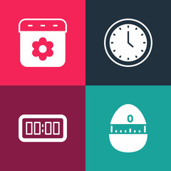 Sticker - Set pop art Kitchen timer, Digital alarm clock, Clock and Calendar spring icon. Vector