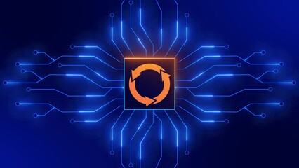 Poster - Futuristic digital circuit technology background - rotating update sign in frame between expanding information connecting lines on motion lights