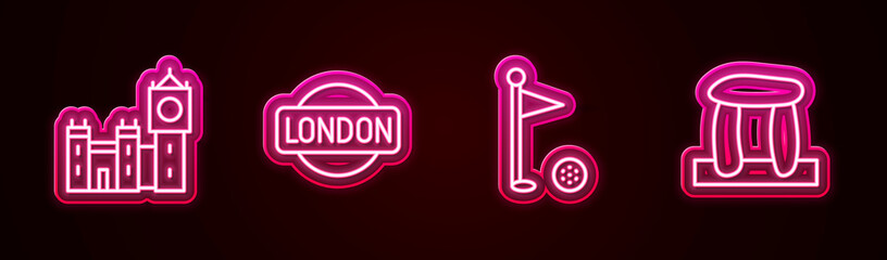 Sticker - Set line Big Ben tower, London sign, Golf flag and Stonehenge. Glowing neon icon. Vector