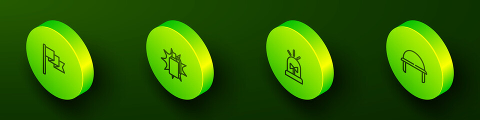 Poster - Set Isometric line Location marker, Hand grenade, Flasher siren and Military helmet icon. Vector