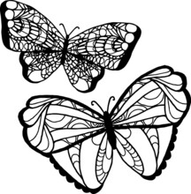 Beautiful Butterfly Illustration. A Set Of Two Linear Illustrations. Black And White Illustration.