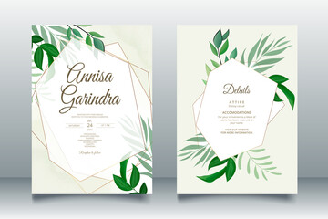 Wall Mural -  Elegant wedding invitation card with beautiful leaves template Premium Vector