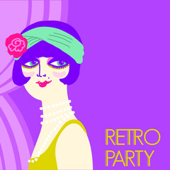 Wall Mural - Retro party invitation card. Vintage flapper girl in 1920s style fashion dress and long beads. Vector retro woman with dark hair on illustration background for text