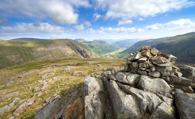 Canvas Print - Vews of Seatoller, Base Brown, Thornythwaite Fell from the mountain summit cairn of Seathwaite Fell in the English Lake District.