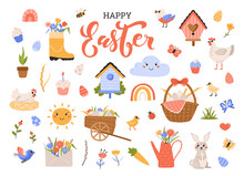 Happy Easter. Spring Set Of Rabbit, Chickens, Eggs, Flowers, Butterflies. Cute Flat Vector Illustration Isolated On White Background.