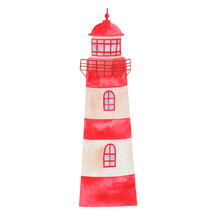 Watercolor Illustration Of Hand Painted Red And White Lighthouse, Beacon For Ship, Vessel, Boat At Sea And Ocean. Isolated On White Marine Building Clip Art Element For Fabric Textile, Summer Cards
