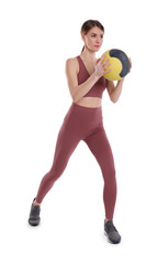 Poster - Athletic woman doing exercise with medicine ball isolated on white