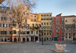  Facades of buildings on the Campo del Ghetto nuovo square in the Jewish Ghetto district. Venice, Italy.