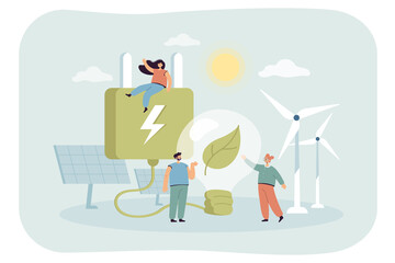 Canvas Print - Tiny characters in village with windmills and solar panels. Save planet, people with eco-friendly lifestyle flat vector illustration. Sustainable or renewable energy, technology concept for banner