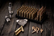 Reloading, reloading cases, gunpowder in the bowl and cartridges, soft focus
