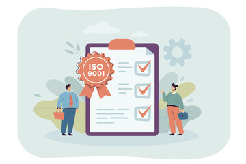 Poster - Tiny cartoon office people standing next to ISO certificate. Document with international standards flat vector illustration. Quality control or management, industry concept for banner, website design