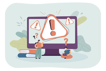 Poster - Tiny cartoon persons with error on computer screen. Warning on web page, system alert or mistake, wrong site flat vector illustration. Technology, warning concept for banner or website design