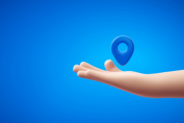 Fototapete - Hand holding delivery location map blue pin 3d icon of navigation gps direction marker symbol or route pointer tracking place sign and search global position system navigator on cartoon background.