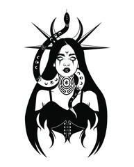 Wall Mural - Lunar Goddess Hecate with snake ancient Greek mythology hand drawn black and white isolated vector illustration. Tattoo or print design. Vector illustration.