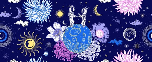 Astronauts, planets and flowers. Seamless pattern. Space illustration Surrealism.