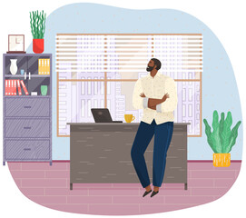 Wall Mural - Office worker standing next to table with laptop. Businessman or clerk working at his office workplace. Smiling man enterpreneur resting during break in working day, thinking about something