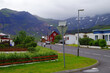 Beautiful and idyllic natural landscape and scenery in town of Grundarfjordur on Iceland with mountains and village houses