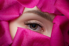Concept Creative Eyelashes Extension Procedure. Beauty Fashion Closeup Eye Of Woman Makeup Spring Red Rose Flowers