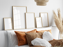 Gallery Frame Mockup In Boho Bedroom Interior With Bed And Pampas Grass, 3d Render