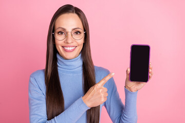 Poster - Photo of promoter lady direct finger telephone touchscreen wear specs blue turtleneck isolated pink color background