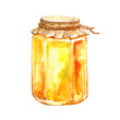 Jar of honey.Food picture.Watercolor hand drawn illustration.	