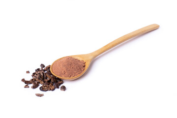 Wall Mural - Cocoa powder in wooden spoon and cocoa nibs isolated on white background.