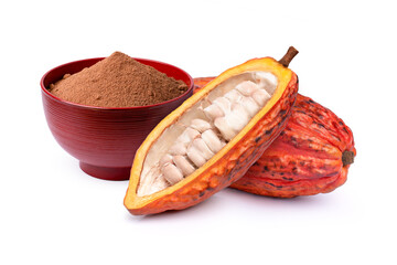 Wall Mural - Cocoa powder in red bowl and fresh red cacao pod isolated on white background.
