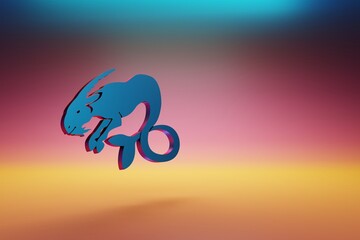 Poster - Blue zodiac sign Aries on symbol icons on multicolor bright background. 3d rendering illustration. Background pattern for design.