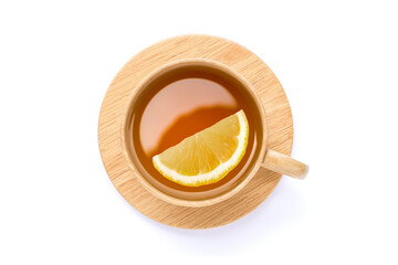 Wall Mural - Flat lay tea with lemon in glass cup isolated on white background.