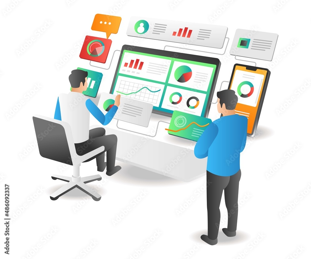 Isometric illustration concept. Team analysis data network Stock Vector ...