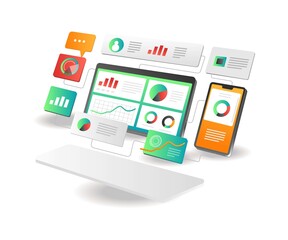 Poster - Isometric illustration concept. Smartphone computer analysis data network