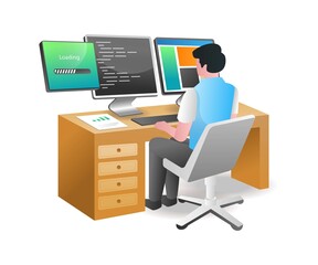 Aufkleber - Isometric illustration concept. man typing programming language for web application