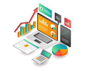Illustration isometric concept. data analysis of investment business company