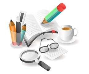 Poster - Illustration isometric concept. creative looking for information and writing in a book