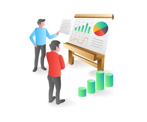 Poster - Isometric illustration concept. Team analyzing business data
