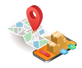 Poster - Isometric illustration concept. smartphone map application to deliver goods