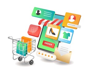 Poster - Isometric illustration concept. Online shopping e-commerce smartphone app