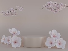 Mock Up Cylindrical Pedestal Showcase Podium Stage With Natural Fresh Cherry Blossom Flowers And Branches For Product Presentation 3D Rendering Illustration