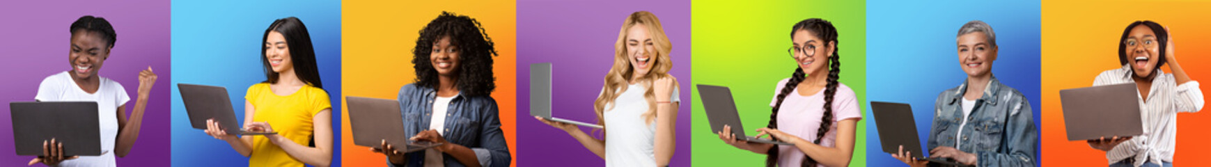 Poster - Remote Career. Cheerful Multiethnic Ladies Using Laptops And Celebrating Success