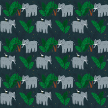 Seamless Pattern Of Elephant And White Egret In Jungle, Exotic Animal And White Heron Sitting On Its Back In Banana Palms Background