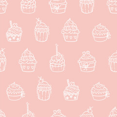 Wall Mural - Cute hand drawn cupcakes seamless pattern, sweet background, great for textiles, banners, wallpapers, wrapping - vector design