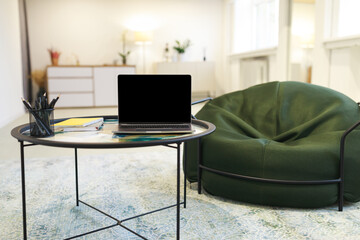 Canvas Print - Modern Laptop With Black Empty Screen On Table, Mockup