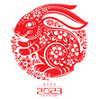 Happy chinese new year 2023 year of the rabbit zodiac sign, gong xi fa cai with flower,lantern,asian elements gold paper cut style on color Background. (Translation : Happy new year)