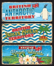 British Virgin Islands, Antarctic, Indian Ocean Territories Travel Stickers And Plates. Britain Territories Travel Destination Vector Retro Plates, Tourist Souvenir Card With Penguin, Wave And Flowers