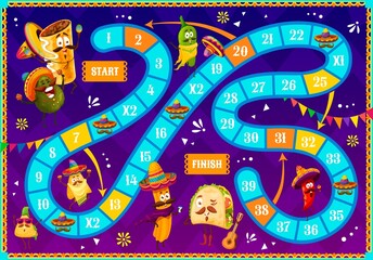 Leinwandbilder - Cartoon mexican food characters on kids board game. Jalapeno, avocado, churros, nachos and tacos personage. Kids roll and move game, child playing activity vector page with mexican cuisine funny meals