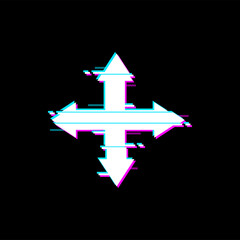 Poster - Arrow button pointing up and down, right and left, navigation design pointer with glitch effect. Vector bug on ui game interface panel, signal loss glitched screen digital noise, left right pointer