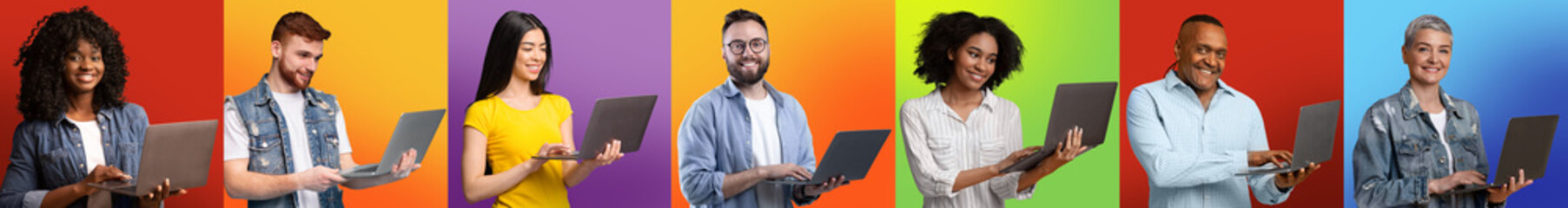 Poster - Online Business. Set Of Diverse Multiethnic People With Laptops Over Colorful Backgrounds